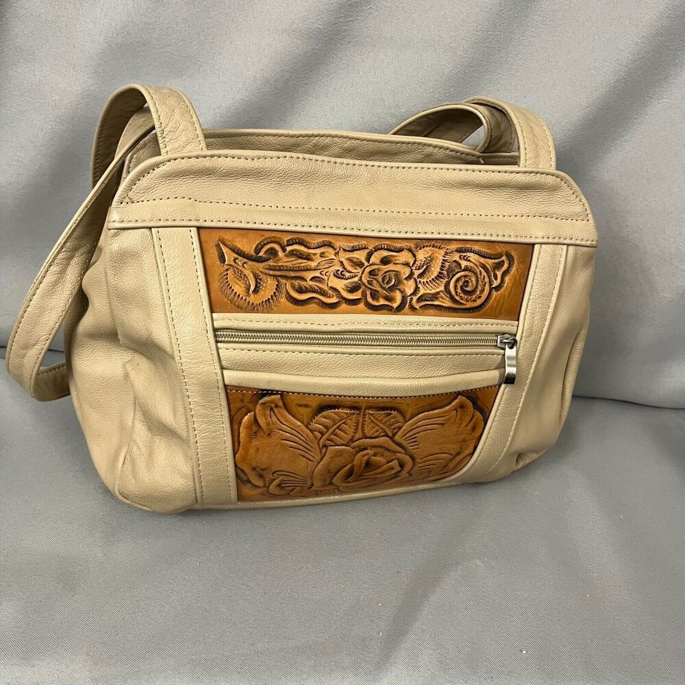 Women's Handbag Tan Brown Leather Floral Embossed‎ Double Handle Shoulder Bag